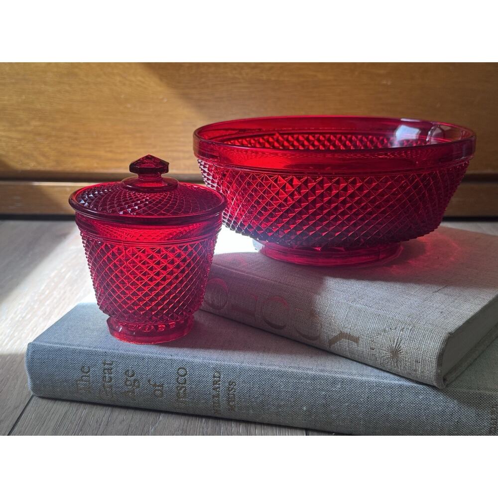 Vintage Estate European Ruby Red Art Glass Bowl Covered Dish Diamond Point Set - Picture 12 of 16